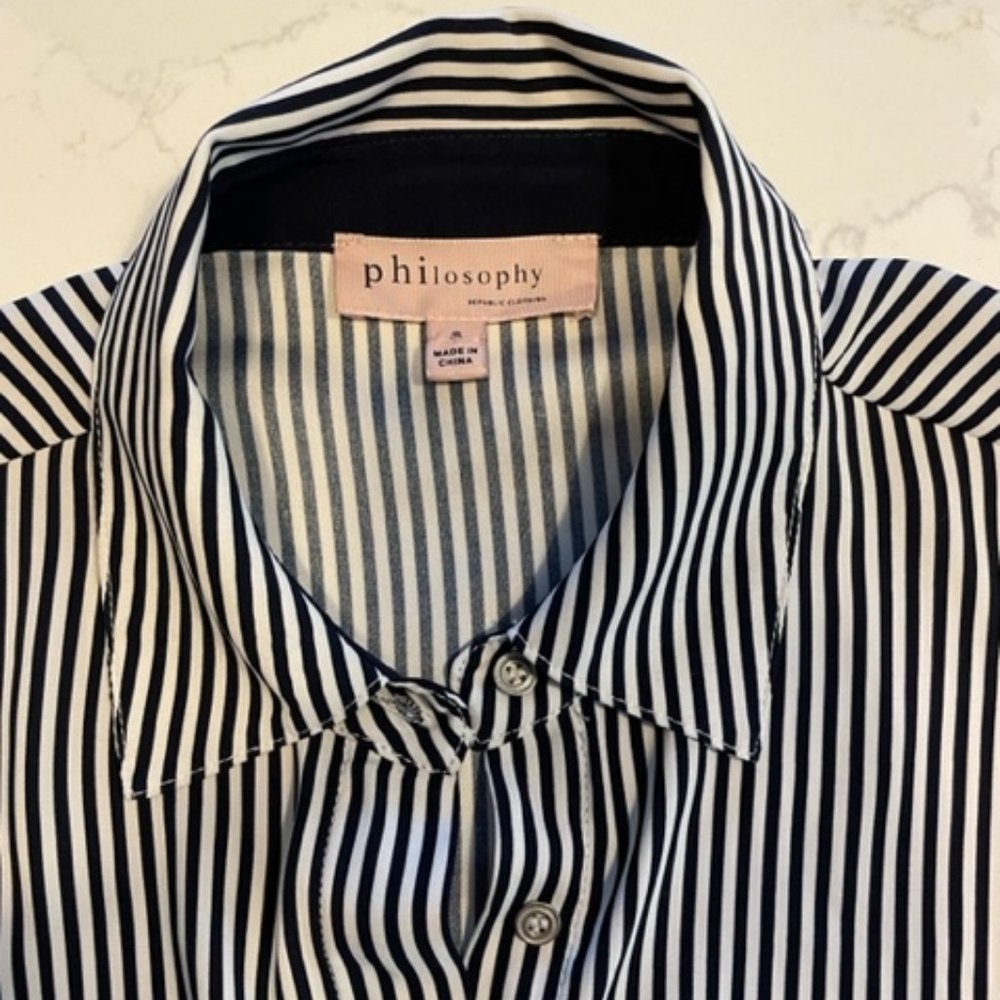Philosophy Long Sleeve Navy Pinstripe Button Down Top